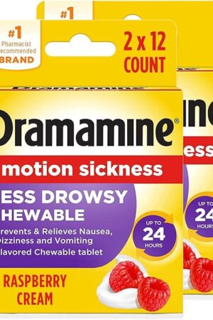 Dramamine Chewable Less Drowsy, Motion Sickness Relief, Raspberry Cream Flavor, 12 Count, 2 Pack