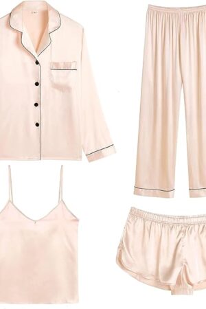Womens Silk Satin Pajamas Sets 4pcs Pjs Set Long Sleeve Button Down Sleepwear Sexy Cami Shorts Set