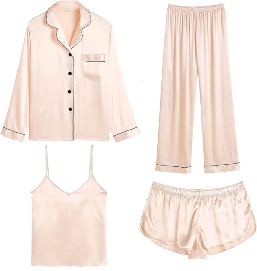 Womens Silk Satin Pajamas Sets 4pcs Pjs Set Long Sleeve Button Down Sleepwear Sexy Cami Shorts Set