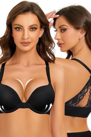Women's Push Up Racerback Bra Front Closure Thick Padded Seamless Criss-Cross Back Underwire Bra Add Two Cup