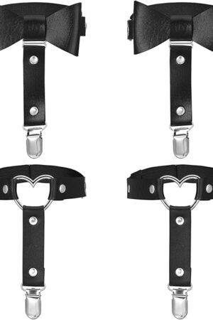 4Pcs Sexy Garters Belt Thigh Garters for Women, Elastic Punk Leather Leg Garter with Anti-Slip Clips, Adjustable Heart-Shaped&Butterfly Shaped Garter for Thigh High Socks, Valentine's Day Halloween