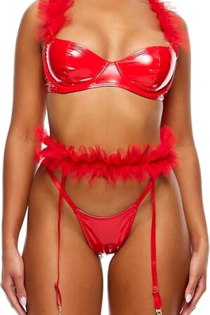 womens Show and Tulle Vinyl and Mesh Tulle Trim Bra and Garter Belt Lingerie Set - Red