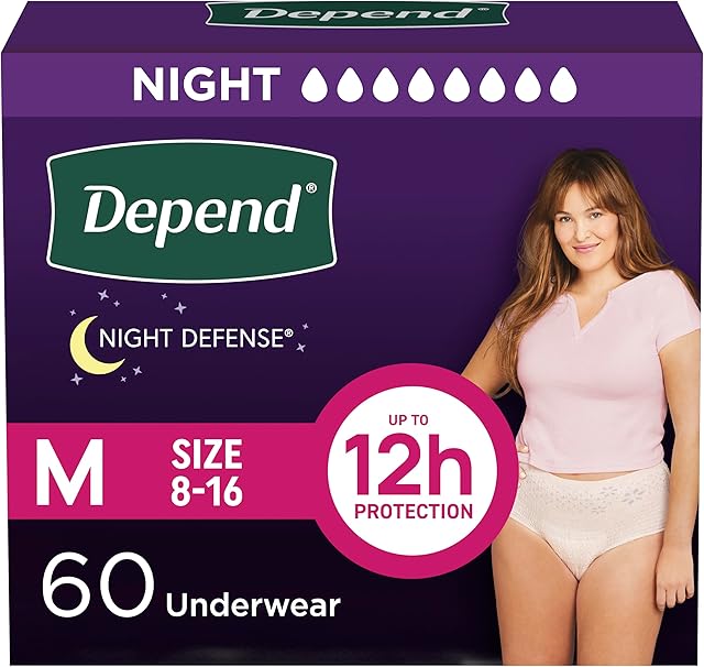Depend Night Defense Adult Incontinence & Postpartum Bladder Leak Underwear for Women, Disposable, Overnight, Medium, Blush, 60 Count (4 Packs of 15), Packaging May Vary