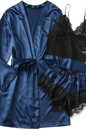 Women' Silk Satin Pajamas Set 3 Piece Lingerie Lace Trim Cami Top and Shorts with Robe Sexy Sleepwear Loungewear