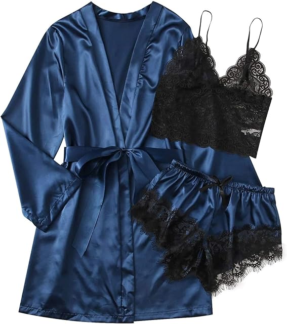 Women' Silk Satin Pajamas Set 3 Piece Lingerie Lace Trim Cami Top and Shorts with Robe Sexy Sleepwear Loungewear