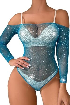 Women's Sexy Lingerie Sparkle Fishnet Teddy One Piece Babydoll Lingeries Rhinestone Mesh Bodysuit Tops