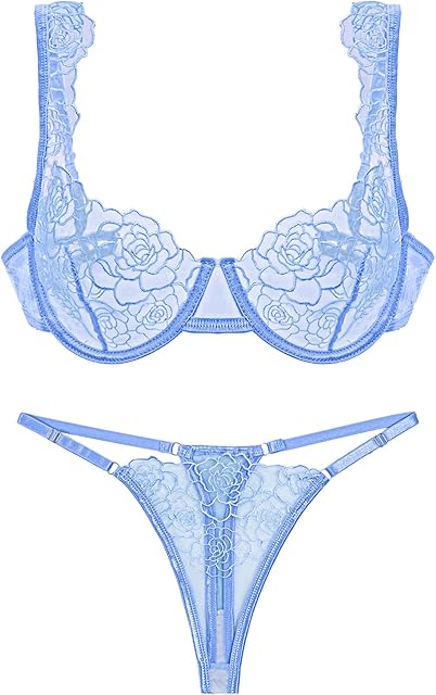 Women's Sexy Lingerie Set Floral Lace Sheer Mesh Bra and Panty Sets 2 Piece See Through Nightwear