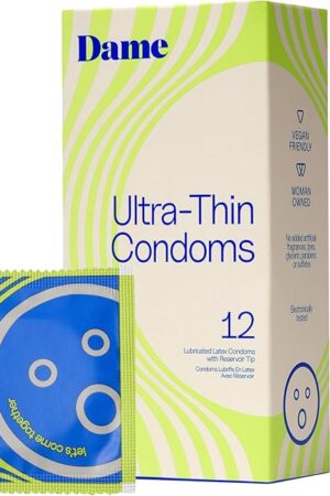 Dame Products Ultra-Thin Condoms - Vegan, Odorless - Easy-Tear to Open, Lubricated Condoms for Men - 100% Natural Latex - Women-Approved (12 Pack)