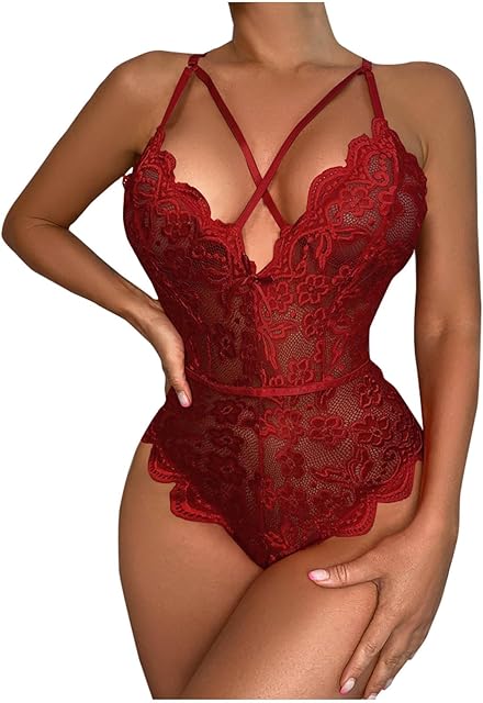Women One Piece Lingerie Sexy Lace Bodysuit Cross V Neck Teddy Snap Crotch Jumpsuit for Sex Naughty