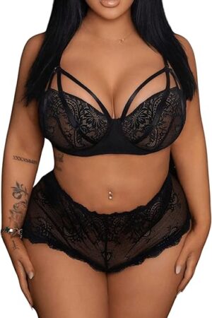 Women's Plus Size 2 Piece Sexy Lingerie Sets Sheer Lace Matching Bra and Panty Sets