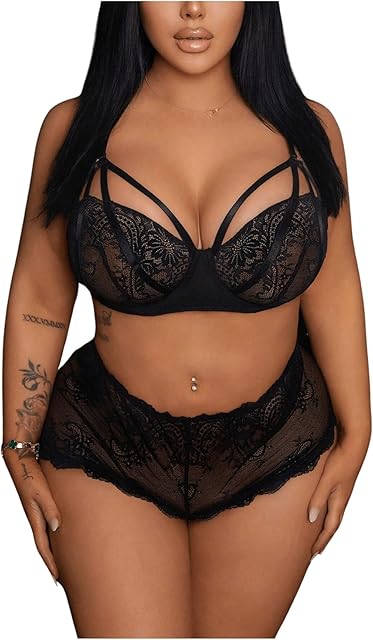 Women's Plus Size 2 Piece Sexy Lingerie Sets Sheer Lace Matching Bra and Panty Sets