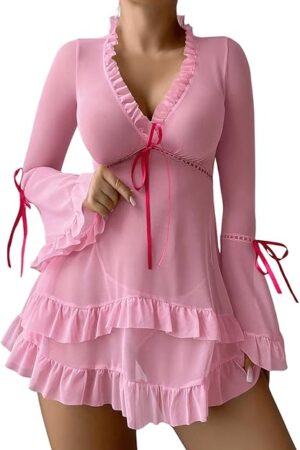 Women's 2 Piece Sheer Mesh Babydoll Lingerie Set Bow Ruffle Long Sleeve Dress with Thong