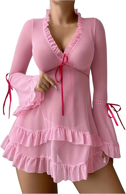 Women's 2 Piece Sheer Mesh Babydoll Lingerie Set Bow Ruffle Long Sleeve Dress with Thong