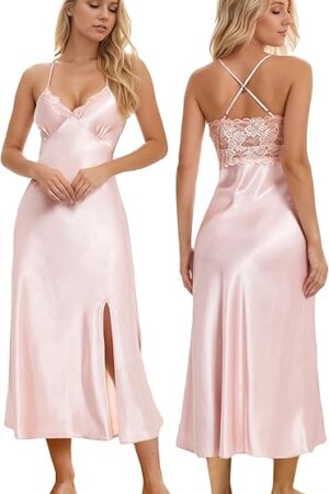 Women Silk Satin Nightgown Sexy Lace Chemise Lingerie Long Sleepdress for Ladies Sleepwear Slip Negligee