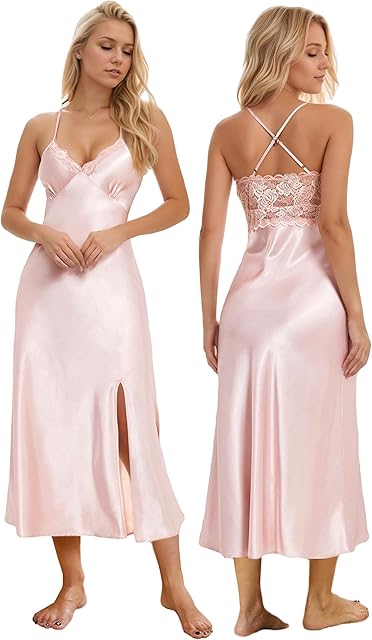 Women Silk Satin Nightgown Sexy Lace Chemise Lingerie Long Sleepdress for Ladies Sleepwear Slip Negligee