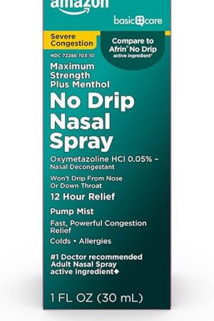 Amazon Basic Care No Drip Severe Congestion Nasal Pump Mist Spray, 12 Hour Relief, Oxymetazoline HCl, Maximum Strength Plus Menthol, Steroid Free, 1 fl oz (Pack of 1)