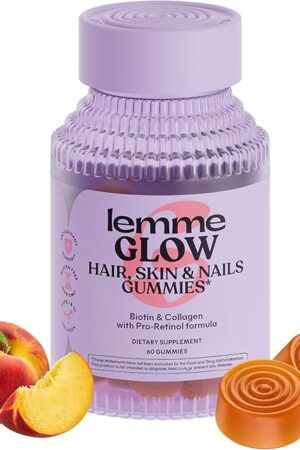 Lemme Glow Collagen Gummies for Thick Hair, Strong Nails & Healthy Skin with Multi-Collagen Peptides, Biotin, Trace Minerals, Zinc, Vitamins A, C & E, Dairy & Gluten Free, Peach Flavor, 60 ct