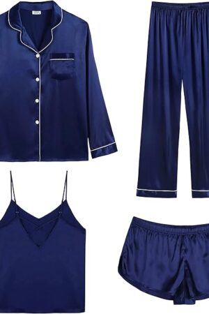 Womens Silk Satin Pajamas Sets 4pcs Pjs Set Long Sleeve Button Down Sleepwear Sexy Cami Shorts Set