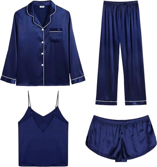 Womens Silk Satin Pajamas Sets 4pcs Pjs Set Long Sleeve Button Down Sleepwear Sexy Cami Shorts Set