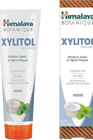 Himalaya Botanique Xylitol Toothpaste, Mint Flavor - Fluoride Free Toothpaste to Whiten Teeth, Fight Plaque and for Fresh Breath - Vegan, Gluten Free, No Artificial Flavors or Colors, 4 oz