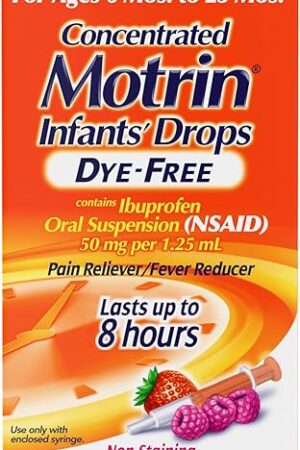 Infants' Motrin Oral Suspension Concentrated Liquid Medicine Drops with Ibuprofen, NSAID Fever Reducer & Pain Reliever for Babies, Dye Free, Alcohol-Free, Berry Flavored, 1 fl oz