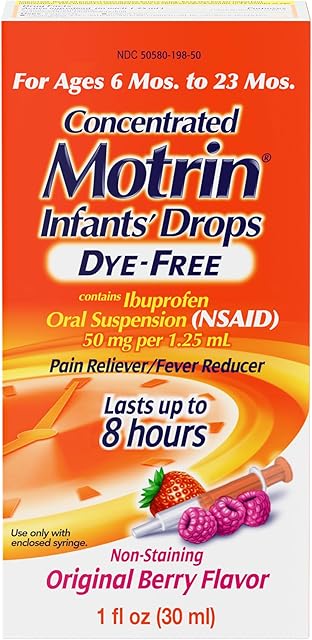 Infants' Motrin Oral Suspension Concentrated Liquid Medicine Drops with Ibuprofen, NSAID Fever Reducer & Pain Reliever for Babies, Dye Free, Alcohol-Free, Berry Flavored, 1 fl oz