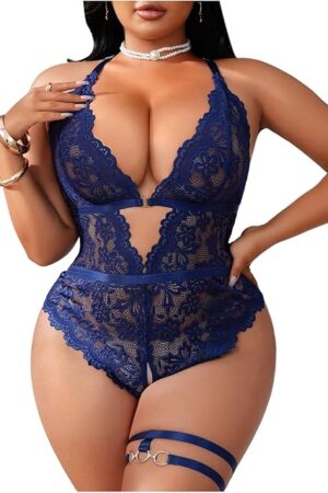 Women's Plus Size Lace Lingerie Set Deep V Neck Teddy Bodysuit Babydoll Nightwear with Leg Ring