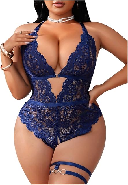 Women's Plus Size Lace Lingerie Set Deep V Neck Teddy Bodysuit Babydoll Nightwear with Leg Ring