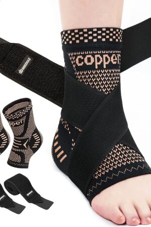 INDEEMAX Ankle Brace for Women & Men, Ankle Compression Sleeve Support Copper Infused Ankle Brace for Sprained Ankle, Plantar Fasciitis Sports, Achilles Tendonitis Pain Relief, Copper Black, M