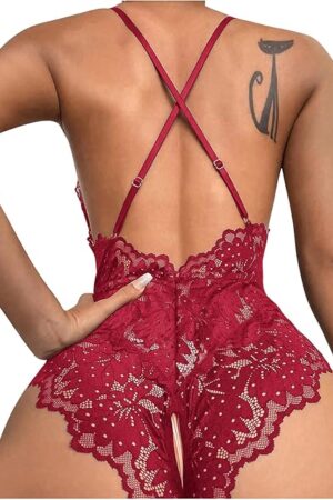 Women's One Piece Lingerie Sexy Lace Babydoll Deep V Teddy Criss Cross Backless Teddy Mini Bodysuit