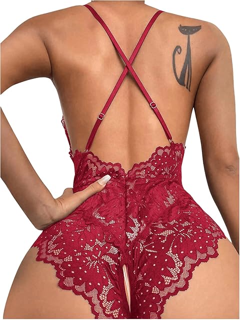 Women's One Piece Lingerie Sexy Lace Babydoll Deep V Teddy Criss Cross Backless Teddy Mini Bodysuit