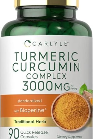 Carlyle Turmeric Curcumin with Black Pepper 3000mg | 90 Powder Capsules | Complex Supplement with Bioperine | Non-GMO, Gluten Free