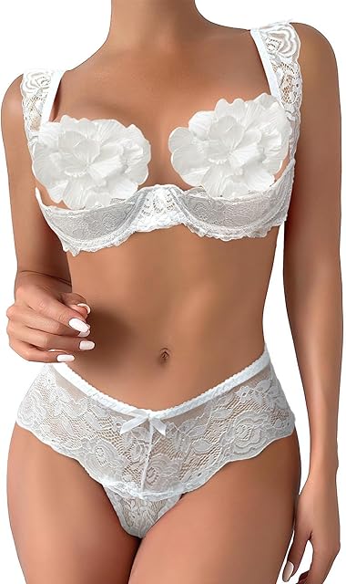 Women Sexy White Floral Lace Sheer Lingerie Set Underwire See Through Bra and Panty