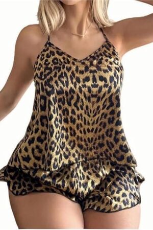 Leopard Pattern Silk Pajamas Set for Women Satin Camisole Sleepwear Lingerie V Neck Cami Top and Shorts Pjs 2 Pieces Sets