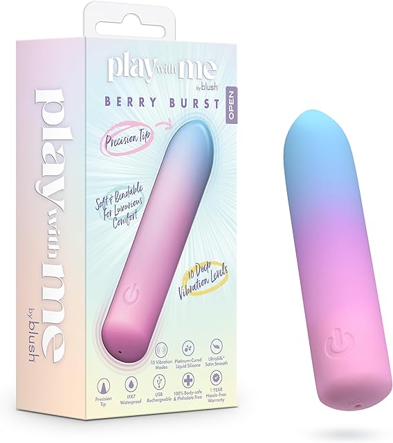 Blush Play with Me?Berry Burst 4 Inch Bullet Pocket Vibrator?10 Vibration Modes for Nipple Clitoral & G-Spot Pleasure?Body-Safe Liquid Silicone?USB Rechargeable & Waterproof-Toy for Women