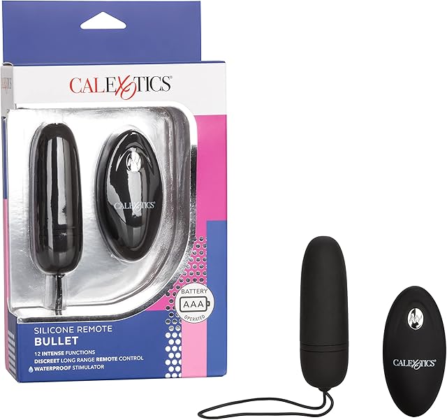 CalExotics Silicone Remote Bullet Vibrator, Waterproof 12-Functions Silicone Massager with Easy Retrieval Cord Black SE-0077-10-3