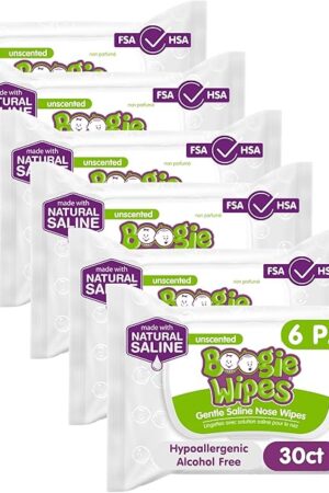 Baby Wipes Unscented by Boogie Wipes, Wet Wipes for Face, Hand, Body & Nose, Made with Vitamin E, Aloe, Chamomile and Natural Saline, 30 Count, Pack of 6