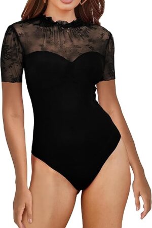 Women Sexy Floral Lace Mesh Bodysuit Short Sleeve Sheer See Through Mesh Bodysuit Tops Going Out Tops Romper Clubwear