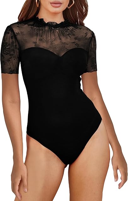 Women Sexy Floral Lace Mesh Bodysuit Short Sleeve Sheer See Through Mesh Bodysuit Tops Going Out Tops Romper Clubwear