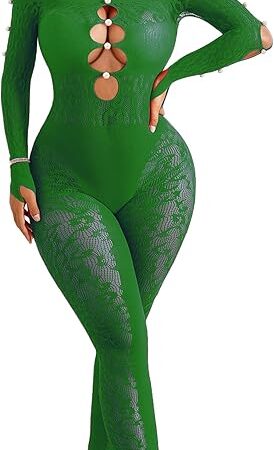 Women Lingeries Long Sleeve Fishnet Body Stocking Leopard Sexy Outfit Rhinestone Body Suits Cut Out Jumpsuit