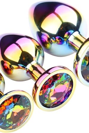 Colorful Rainbow Gradient Anal Butt Plug Colorful Butt Plug Rainbow Crystal Metal Princess Rainbow Butt Plug for Women Sex Gift (Round)
