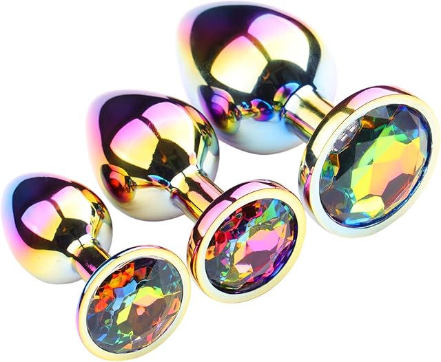 Colorful Rainbow Gradient Anal Butt Plug Colorful Butt Plug Rainbow Crystal Metal Princess Rainbow Butt Plug for Women Sex Gift (Round)