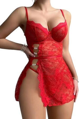 Women's Lace Sheer Cut Out Sexy Lingerie Babydoll Split Sleepwear Chemise Nightgowns with Thong