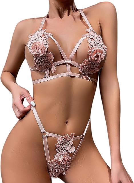 2 Piece Women Strappy Lingerie Appliques Bra and Panties Set Sexy Babydoll Elastic Harness Cage Flower Sleepwear Outfit