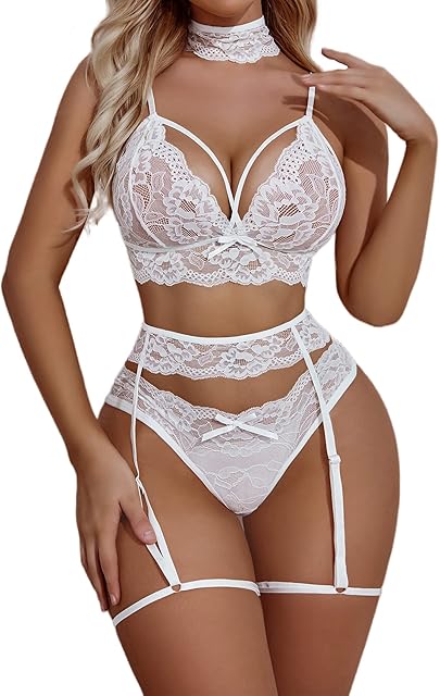 Women Lingerie Set with Garter Belts Sexy Bra and Panty Set Lace Teddy Bodysuit