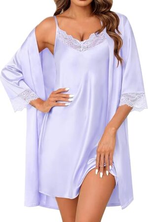 Women's Satin Robe Set 2 Piece Sexy Pajamas Sets Lace Cami Nightgown and Silk Robes Nightwear