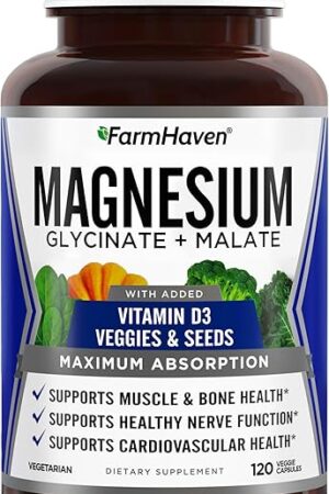 FarmHaven Magnesium Glycinate & Malate Complex w/Vitamin D3, 100% Chelated for Max Absorption, Vegetarian ? Bone Health, Nerves, Muscles, 120 Capsules, 60 Days