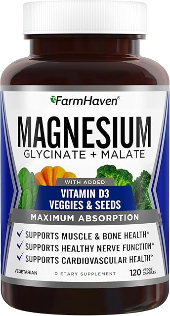 FarmHaven Magnesium Glycinate & Malate Complex w/Vitamin D3, 100% Chelated for Max Absorption, Vegetarian ? Bone Health, Nerves, Muscles, 120 Capsules, 60 Days