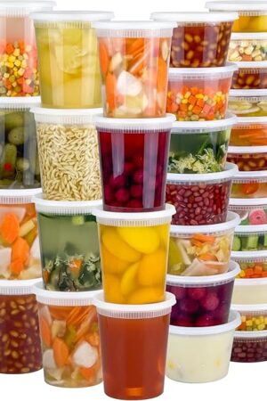 60 Sets (120-Piece) Deli Containers with Lids, 32/16/8 oz X 20 Set Each, Leak-Proof & BPA Free Airtight Takeout Plastic Food Storage Containers for Soup, Freezer/Microwave/Dishwasher Safe