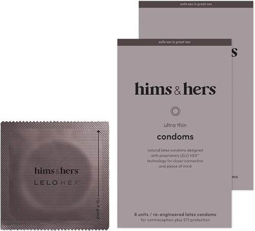 hims & hers Ultra-Thin Condoms for Maximum Sensitivity - Unique Hexagon Shape for a Stronger and Barely-There Feeling - Lightly Lubricated Natural Latex Condoms - 2 Pack, 16 Count
